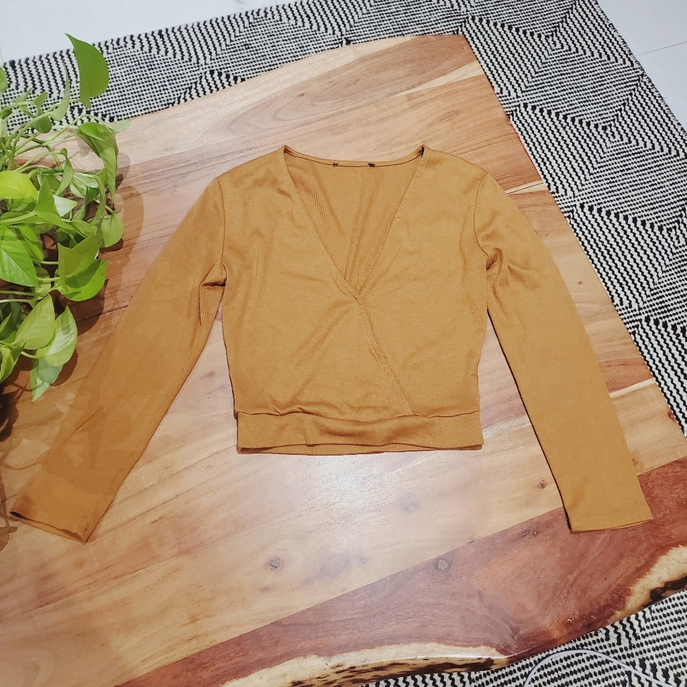 Caramel Cropped Surplice Top